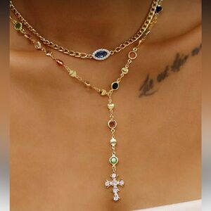 Anthropologie Gold Multicolor Gemstone Necklace